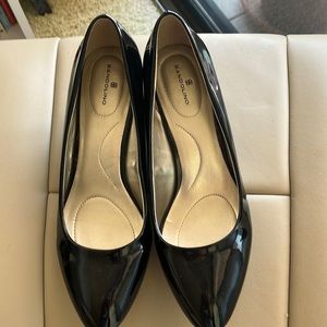 Black lacquer wedge shoes like new